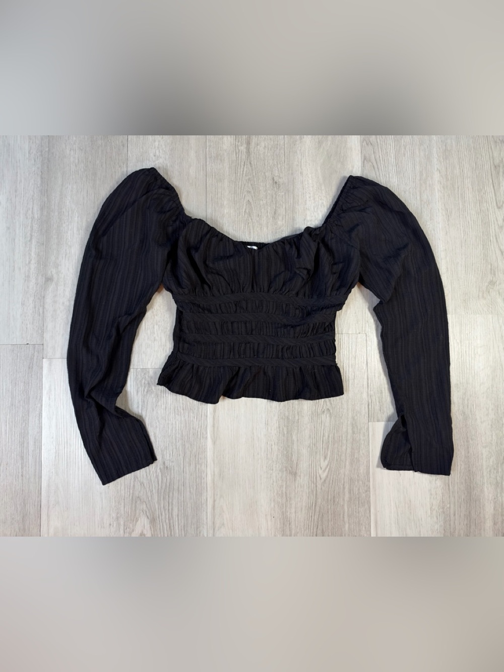 TOPSHOP Women’s Black Smocked Square Neck Puff Long Sleeve Blouse Size 6